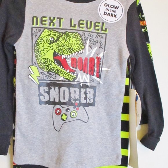 Members Mark Boys 4 piece pajama set, Black&Yellow Dinosaur Glow in the Dark 2T - Picture 2 of 13